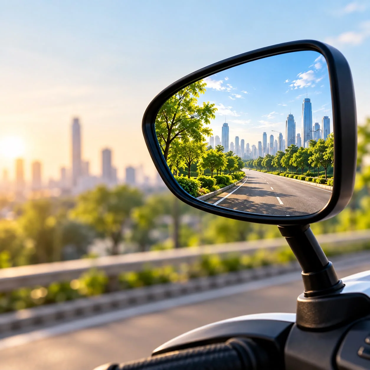 A greener city journey reflected in a scooter mirror